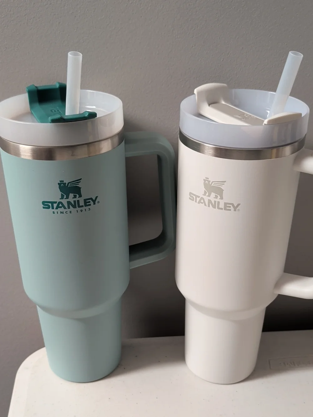 Stanley Travel Tumbler Pair in Seafoam Green and White with Handles